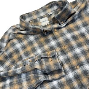 ROWM Flannel Shirt Mens 3XB Plaid Long Sleeve Button Front Pocket Gray Tan